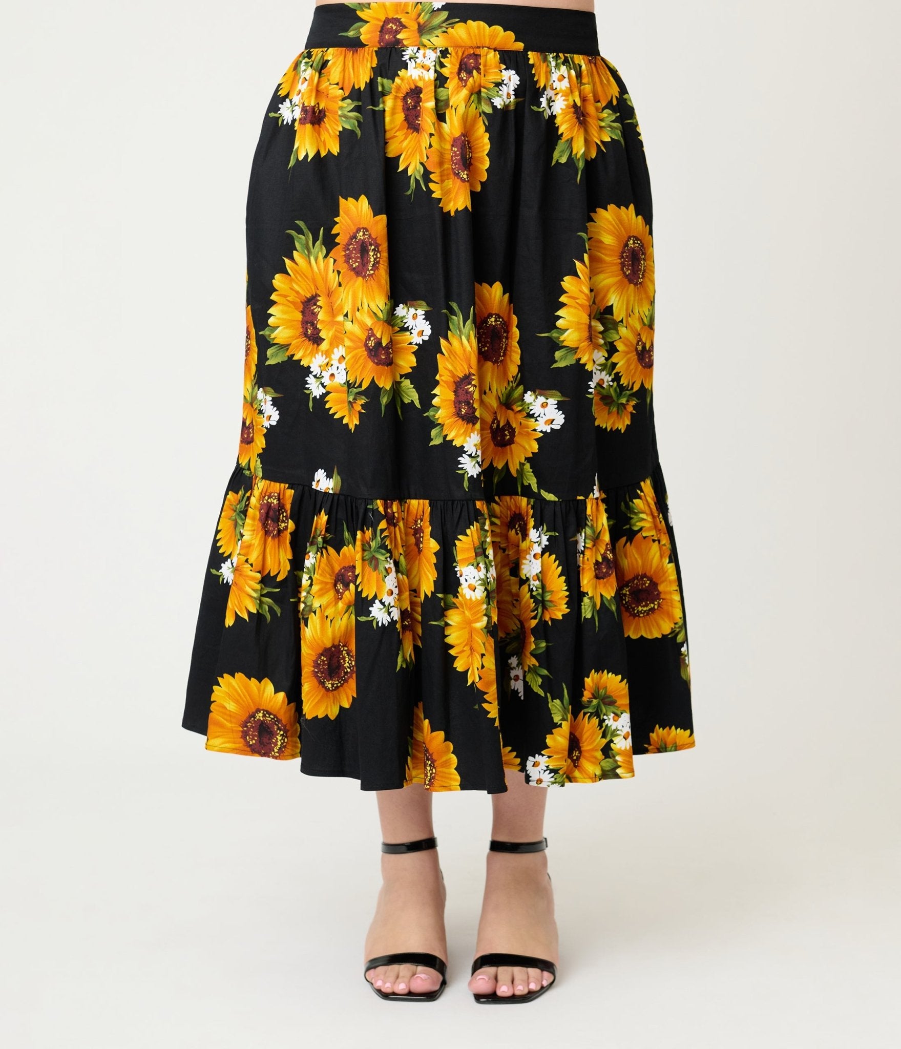 Unique Vintage Plus Size Black Sunflower Tiered Midi Skirt - Unique Vintage - Womens, BOTTOMS, SKIRTS