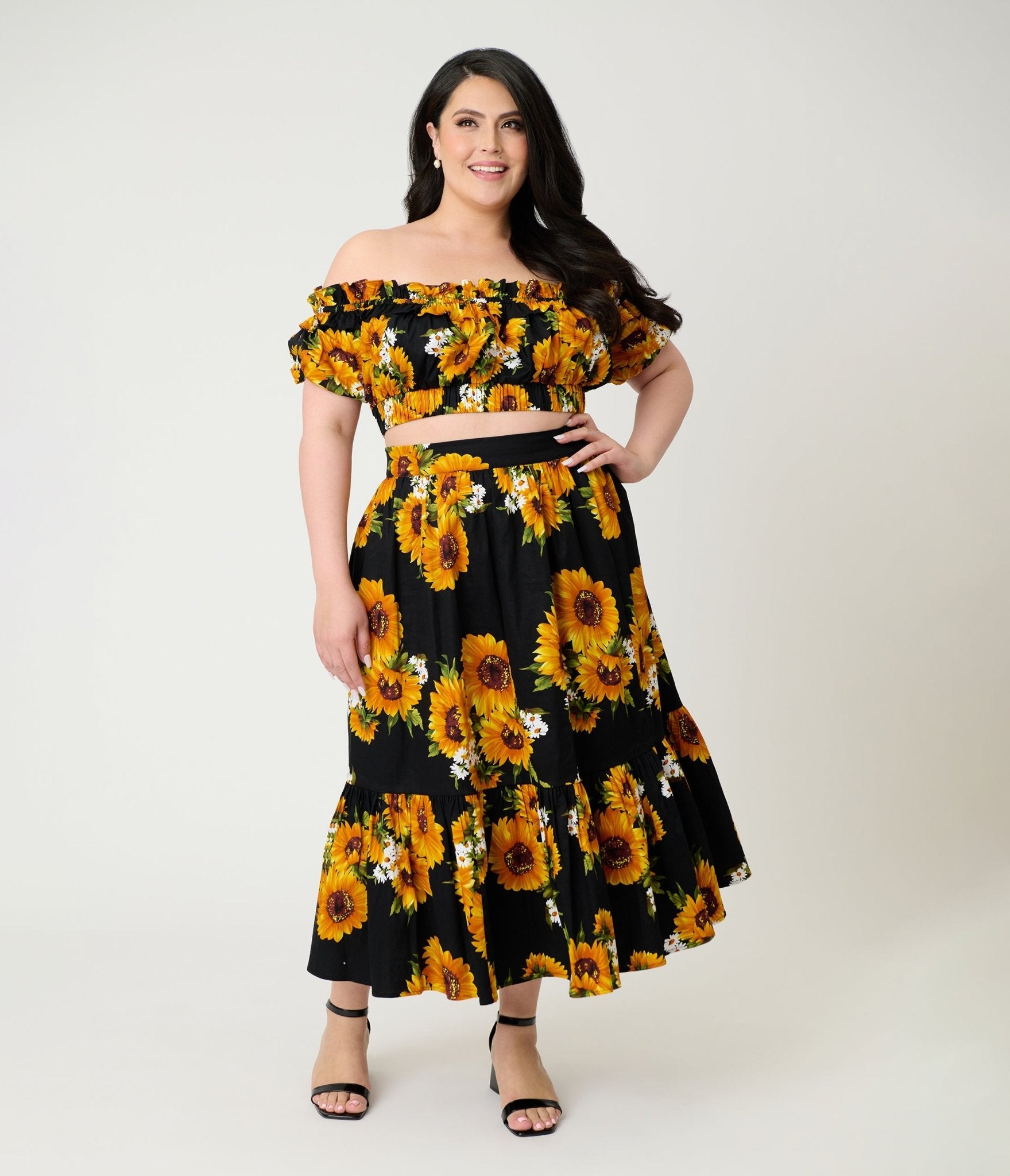 Unique Vintage Plus Size Black Sunflower Tiered Midi Skirt - Unique Vintage - Womens, BOTTOMS, SKIRTS