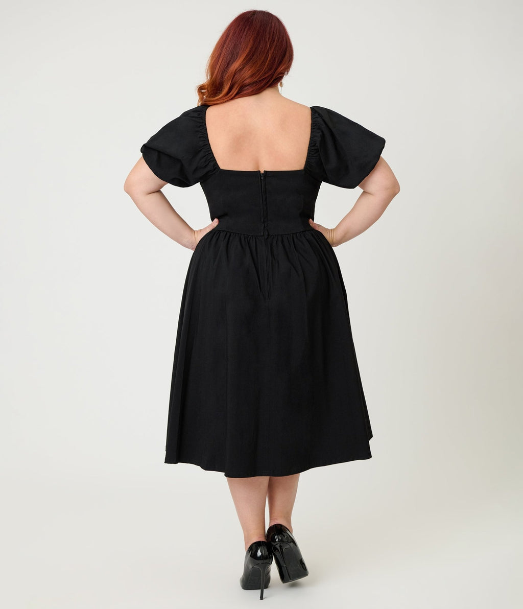 Unique Vintage Plus Size Black Sweetheart Puff Sleeve Swing Dress - Unique Vintage - Womens, DRESSES, SWING
