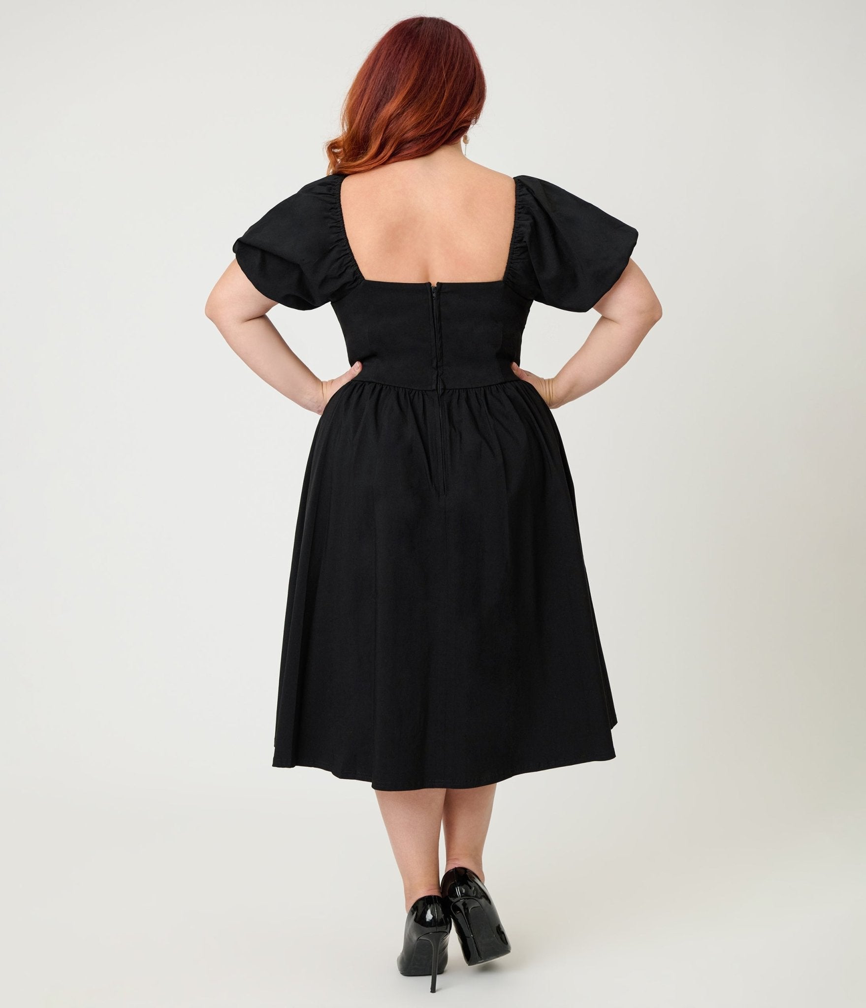Unique Vintage Plus Size Black Sweetheart Puff Sleeve Swing Dress - Unique Vintage - Womens, DRESSES, SWING