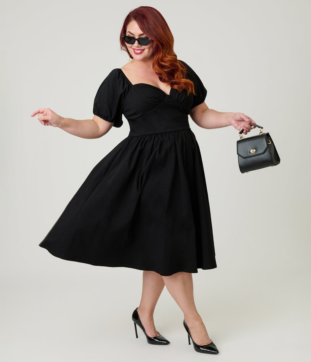 Unique Vintage Plus Size Black Sweetheart Puff Sleeve Swing Dress - Unique Vintage - Womens, DRESSES, SWING