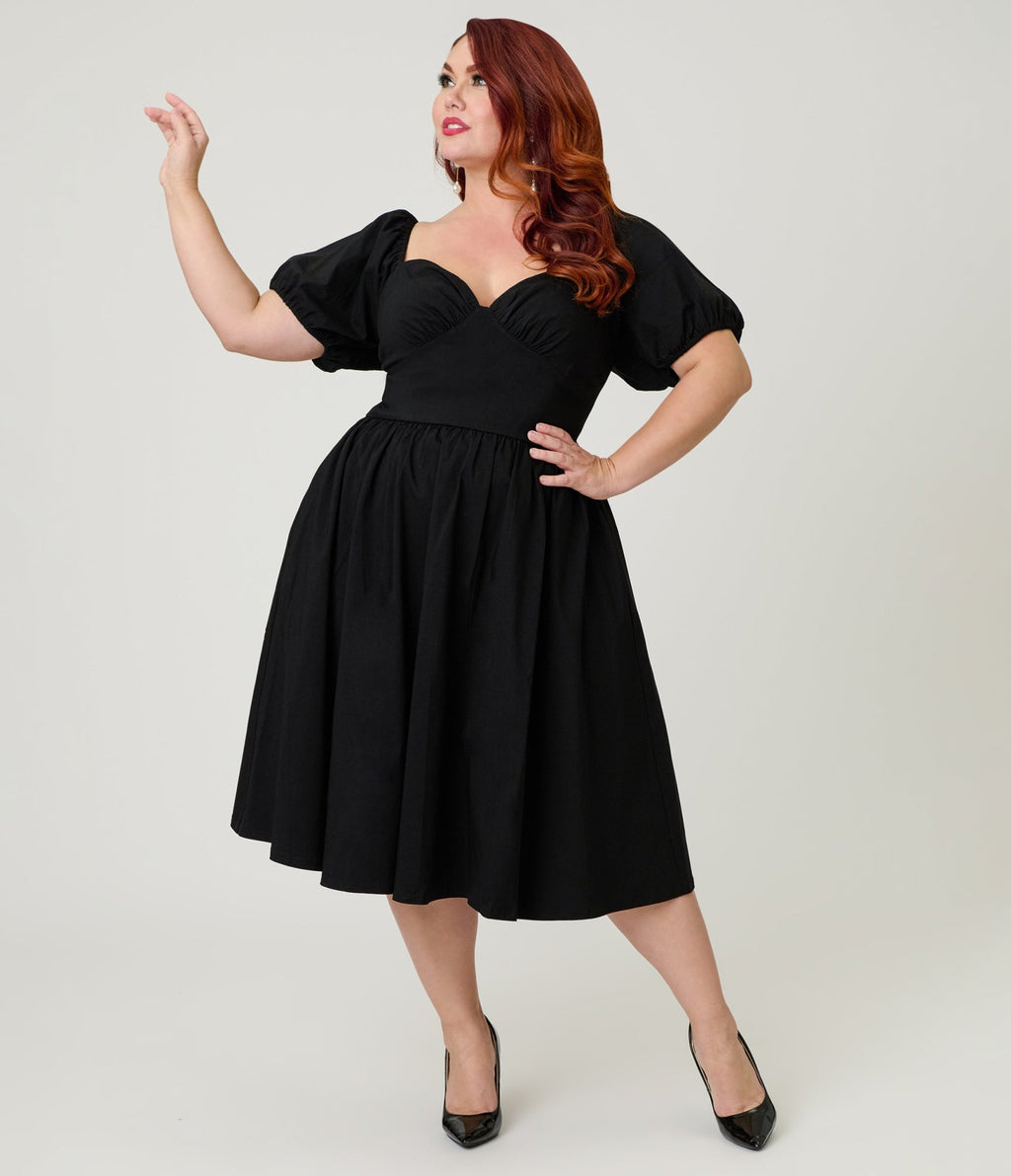 Unique Vintage Plus Size Black Sweetheart Puff Sleeve Swing Dress 2X/20W-22W Unique Vintage Plus Size Black Sweetheart Puff Sleeve Swing Dress 2X/20W-22W