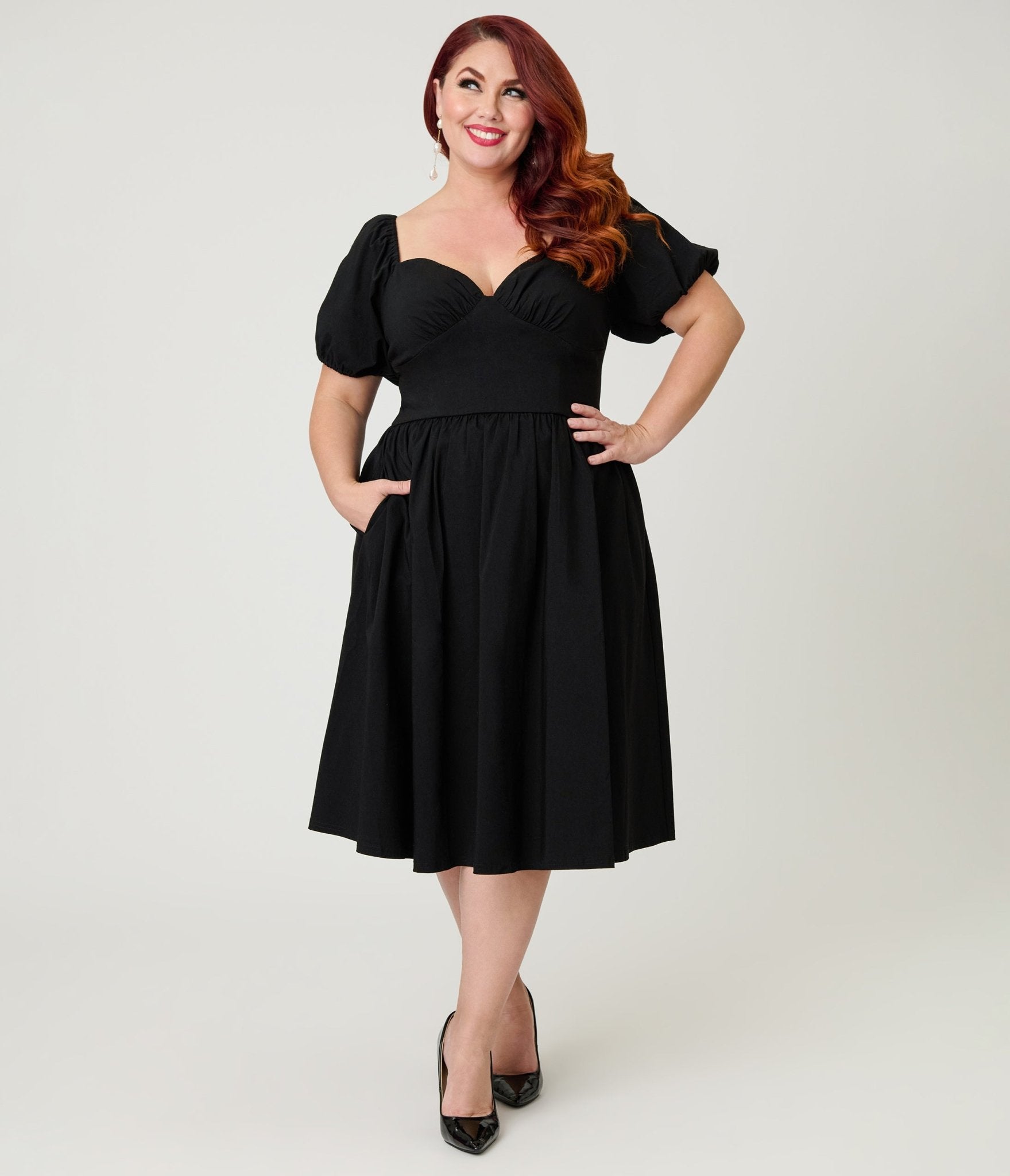 Unique Vintage Plus Size Black Sweetheart Puff Sleeve Swing Dress 2X/20W-22W Unique Vintage Plus Size Black Sweetheart Puff Sleeve Swing Dress 2X/20W-22W