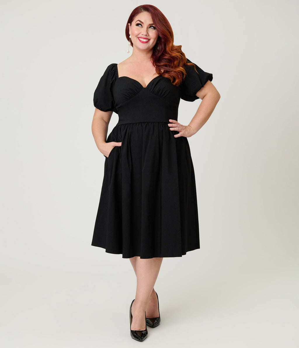 Unique Vintage Plus Size Black Sweetheart Puff Sleeve Swing Dress - Unique Vintage - Womens, DRESSES, SWING