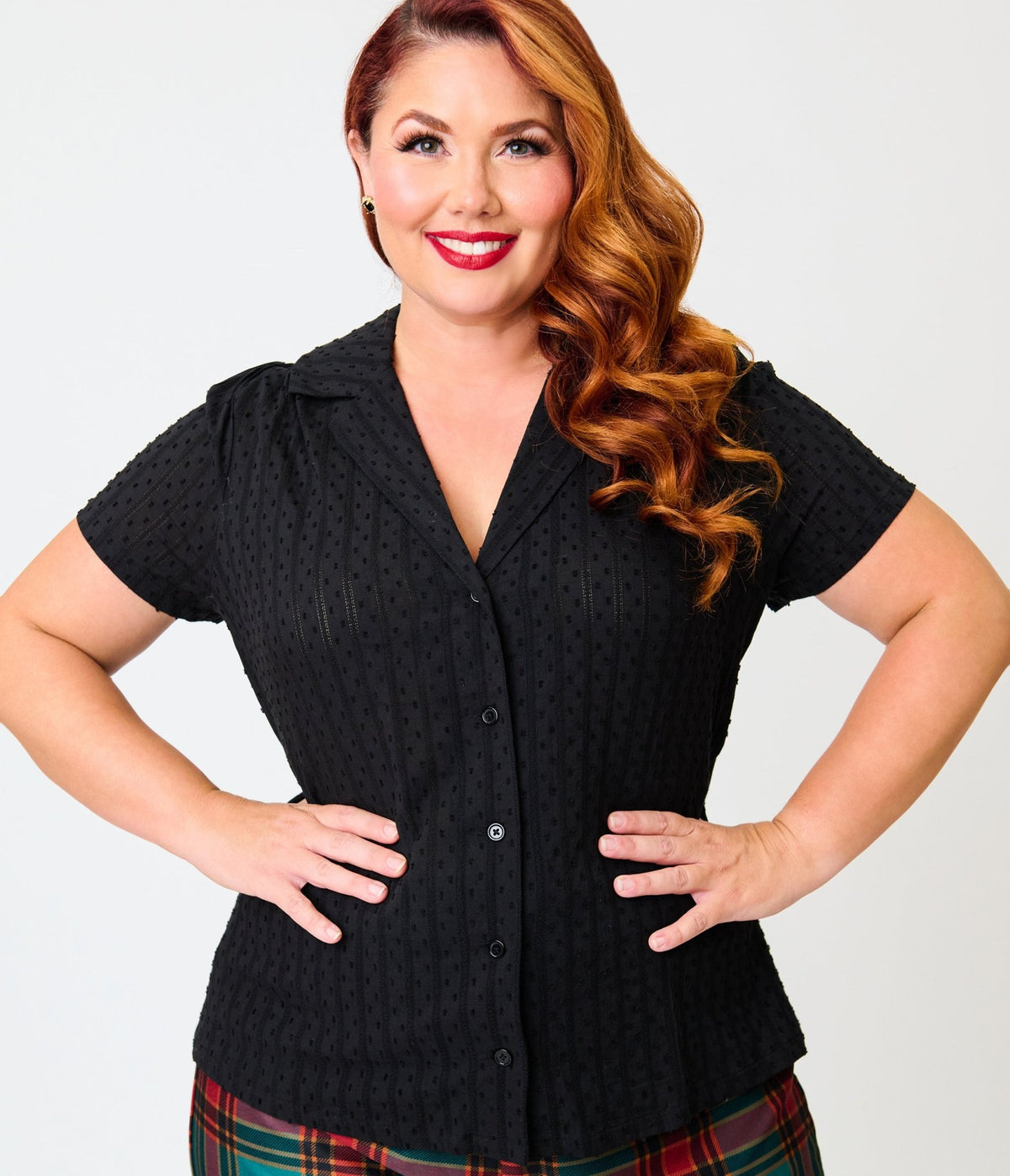 Unique Vintage Plus Size Black Swiss Dot Notched Collar Blouse - Unique Vintage - Blouses
