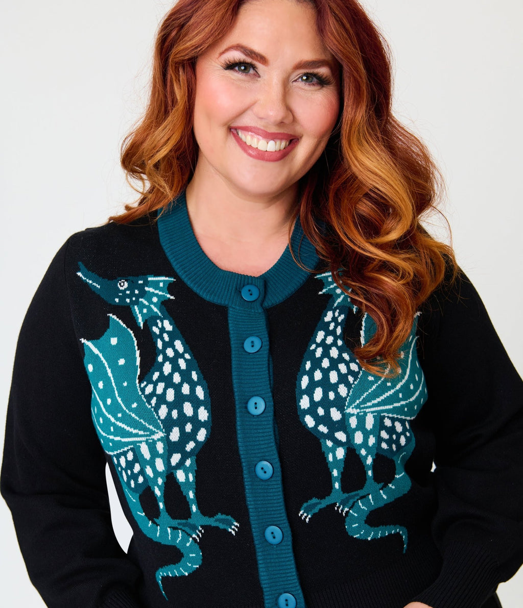 Unique Vintage Plus Size Black & Teal Dragon Cropped Cardigan - Unique Vintage - Womens, TOPS, SWEATERS