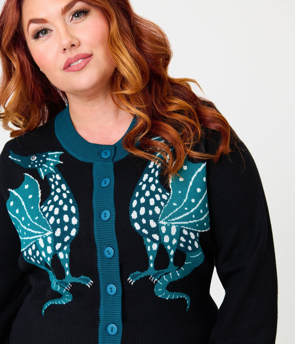 Unique Vintage Plus Size Black & Teal Dragon Cropped Cardigan - Unique Vintage - Womens, TOPS, SWEATERS