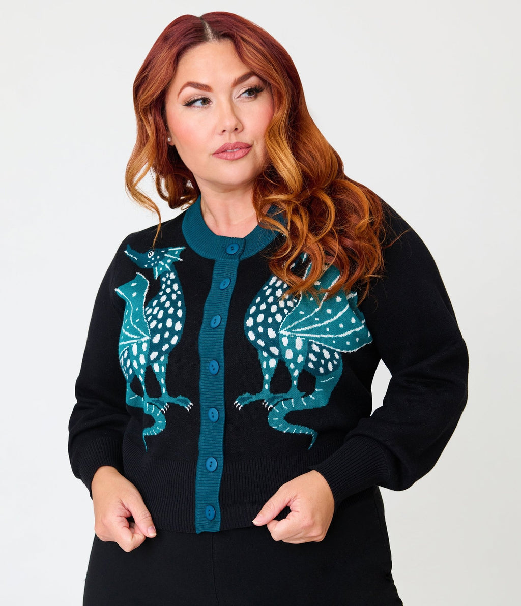 Unique Vintage Plus Size Black & Teal Dragon Cropped Cardigan - Unique Vintage - Womens, TOPS, SWEATERS