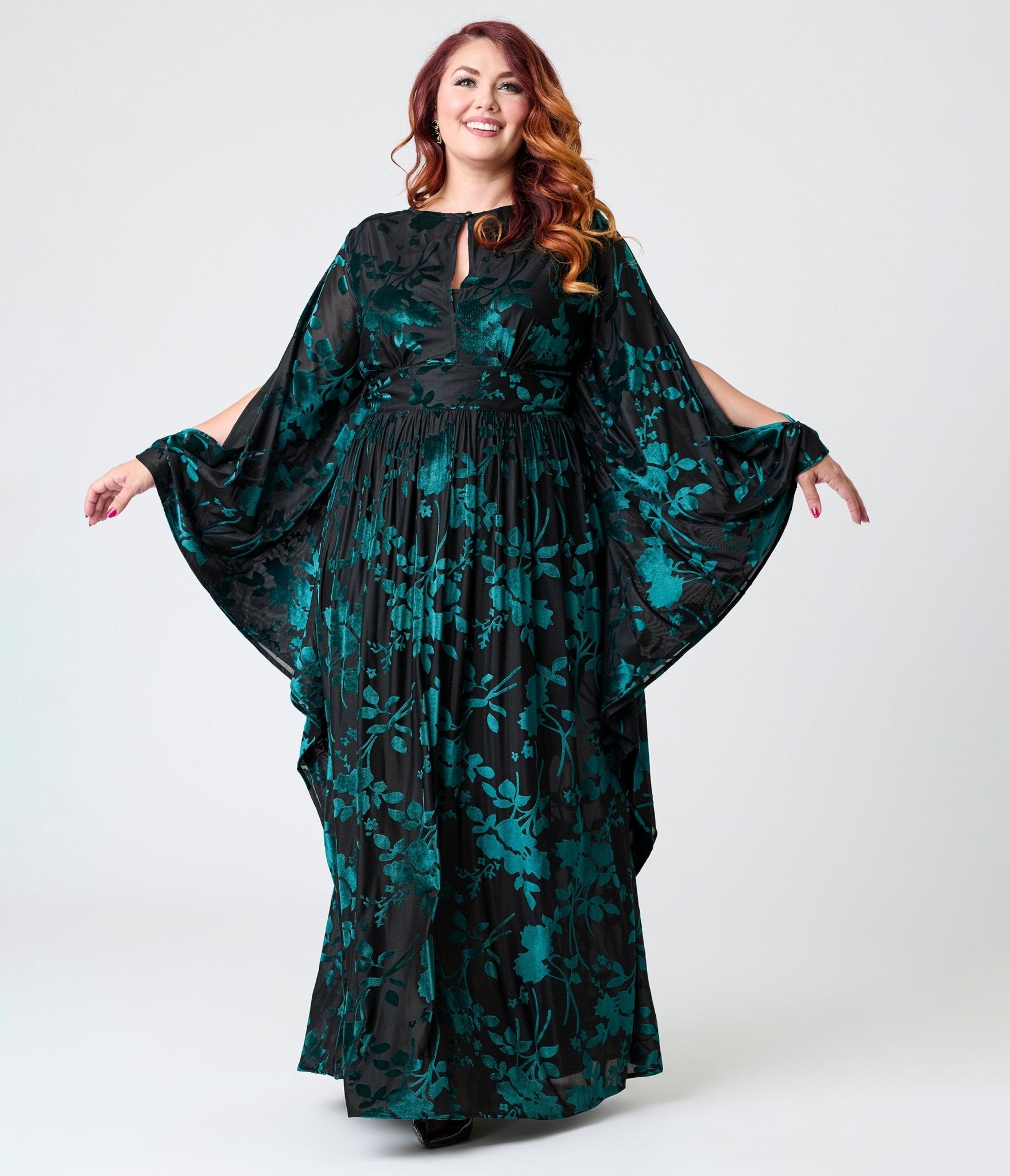 Unique Vintage Plus Size Black & Teal Floral Velvet Burnout Flutter Sleeve Caftan - Unique Vintage - Womens, DRESSES, MAXI