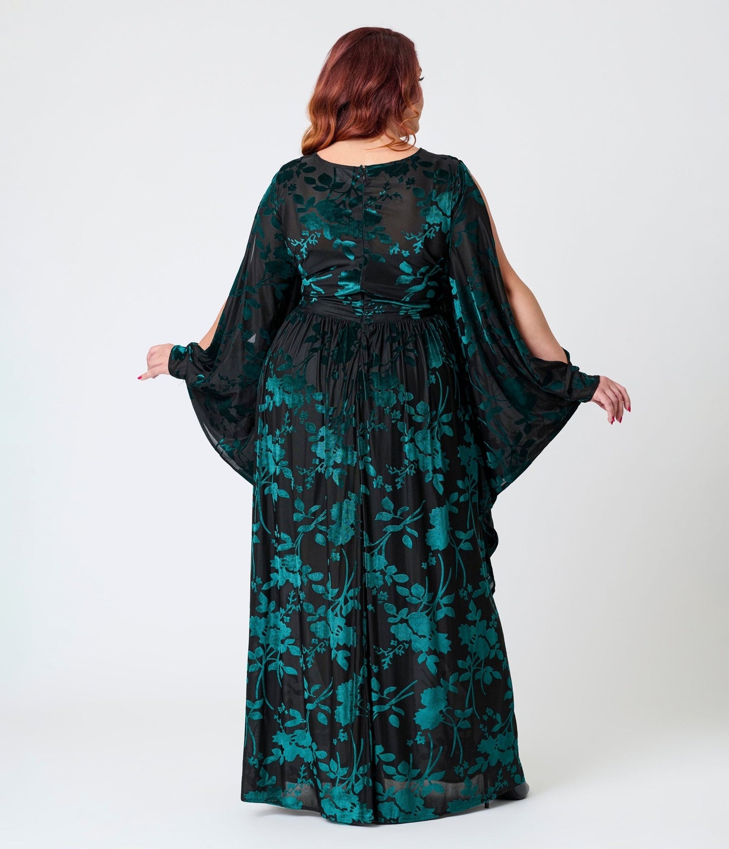 Unique Vintage Plus Size Black & Teal Floral Velvet Burnout Flutter Sleeve Caftan - Unique Vintage - Womens, DRESSES, MAXI