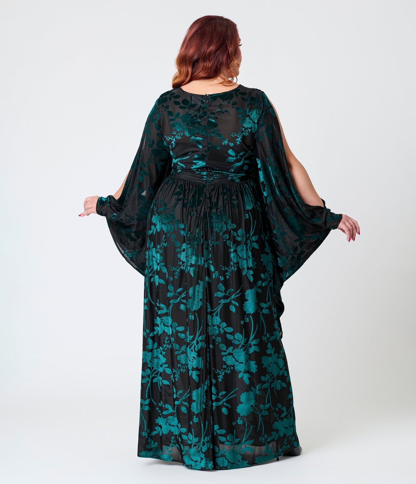 Unique Vintage Plus Size Black & Teal Floral Velvet Burnout Flutter Sleeve Caftan - Unique Vintage - Womens, DRESSES, MAXI
