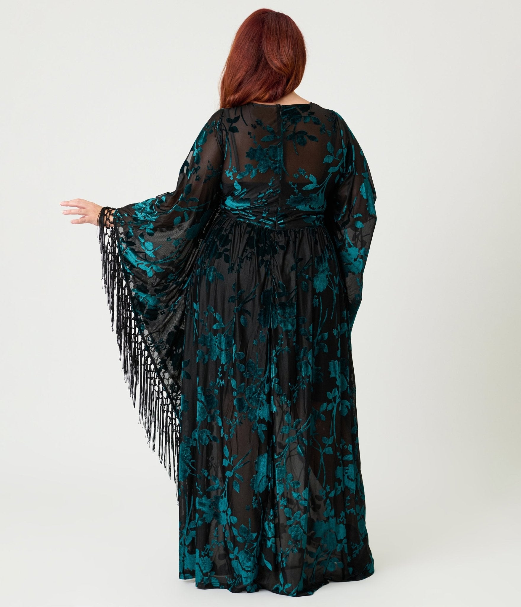 Unique Vintage Plus Size Black & Teal Floral Velvet Burnout Flutter Sleeve Caftan
