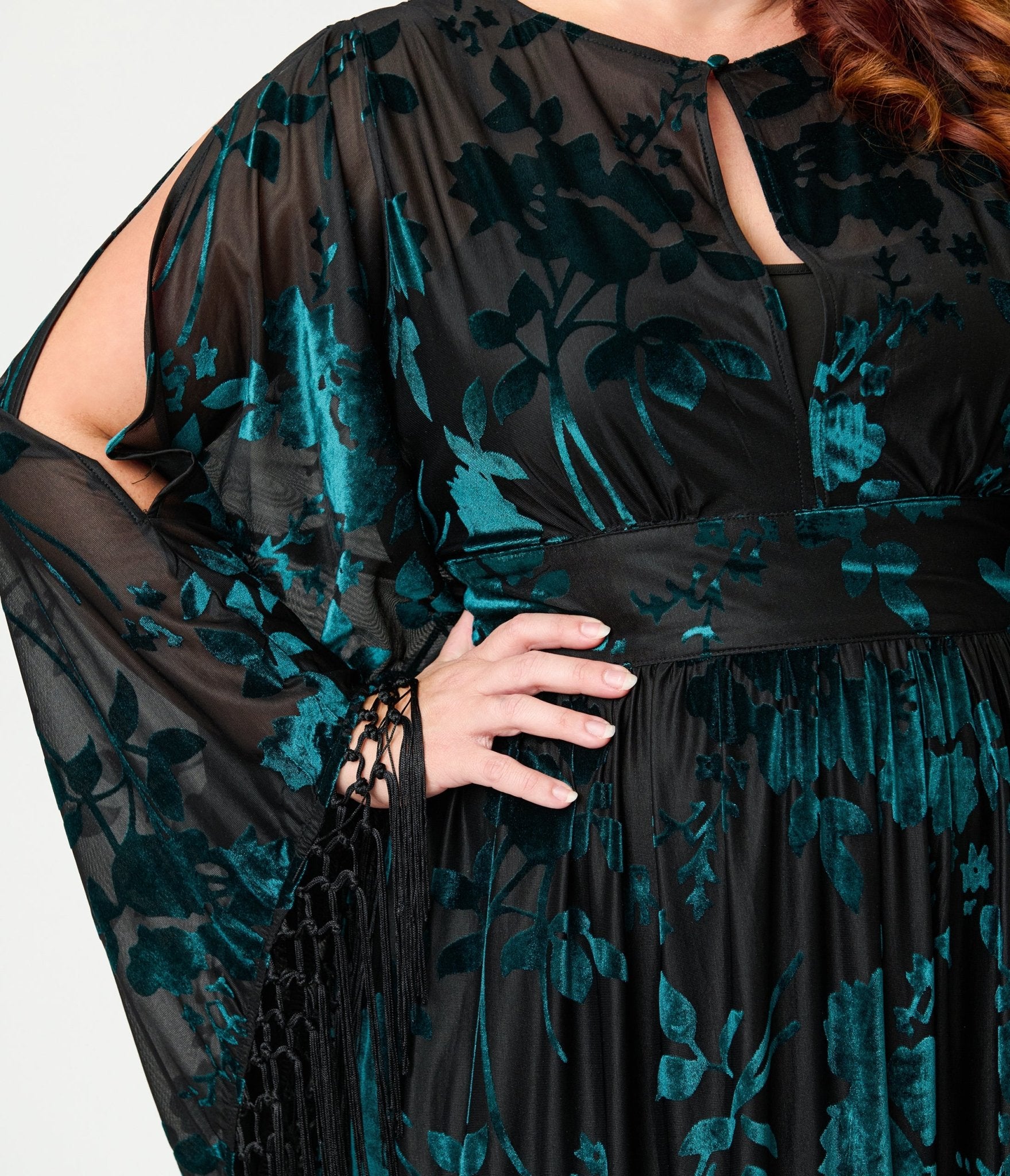 Unique Vintage Plus Size Black & Teal Floral Velvet Burnout Flutter Sleeve Caftan