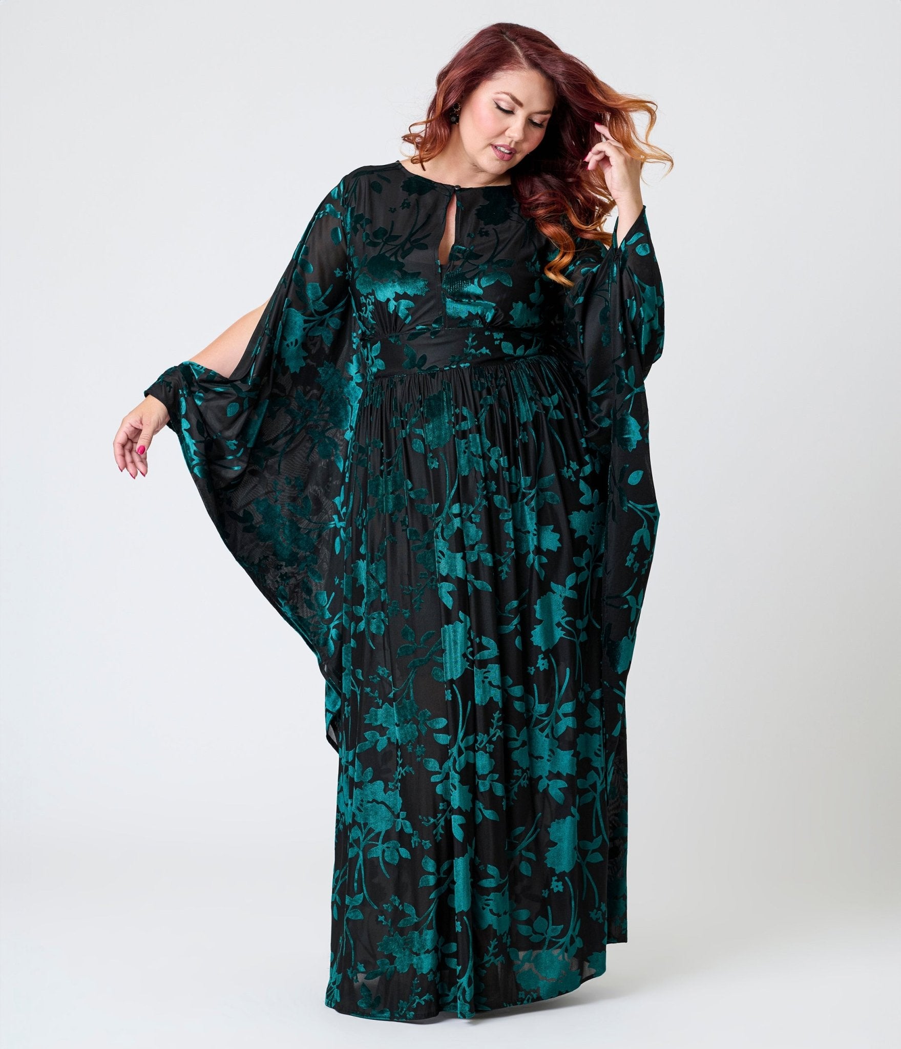 Unique Vintage Plus Size Black & Teal Floral Velvet Burnout Flutter Sleeve Caftan - Unique Vintage - Womens, DRESSES, MAXI