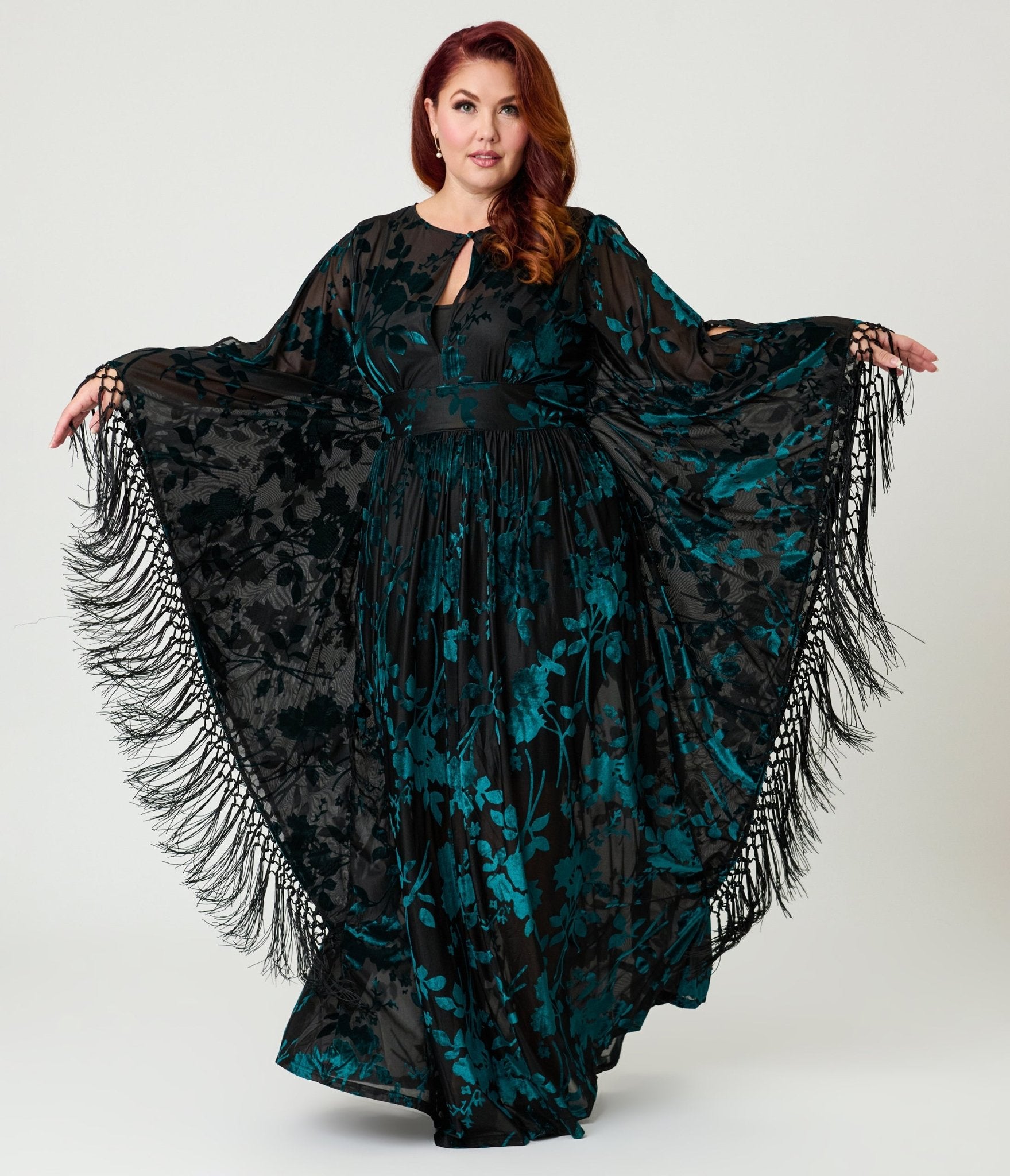 Unique Vintage Plus Size Black & Teal Floral Velvet Burnout Flutter Sleeve Caftan