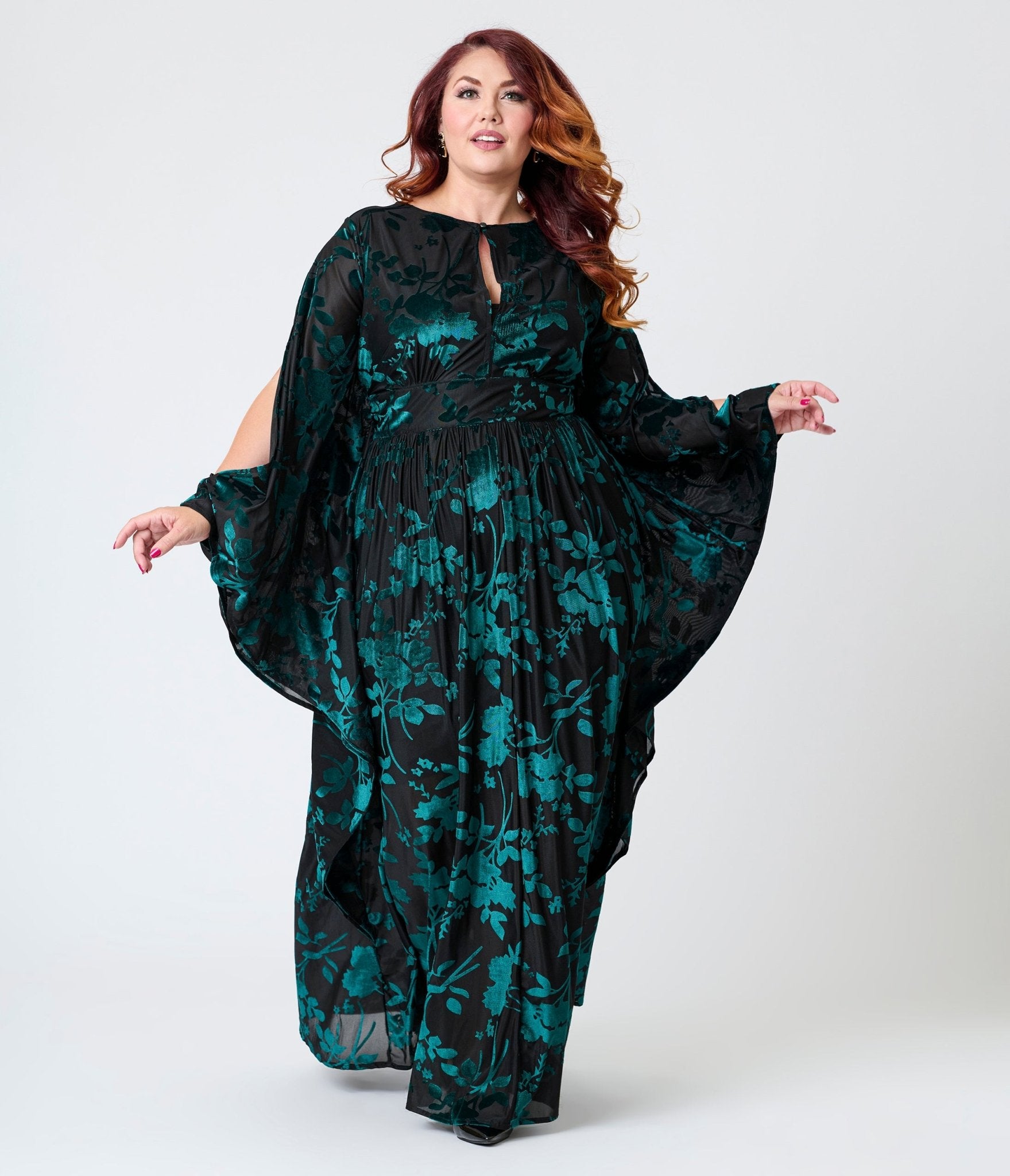 Unique Vintage Plus Size Black & Teal Floral Velvet Burnout Flutter Sleeve Caftan - Unique Vintage - Womens, DRESSES, MAXI