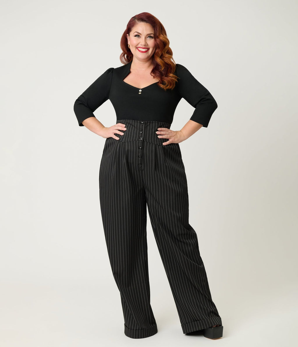 Unique Vintage Plus Size Black Three Quarter Length Sleeve Pentagon Collar Top - Unique Vintage - Womens, TOPS, KNIT TOPS