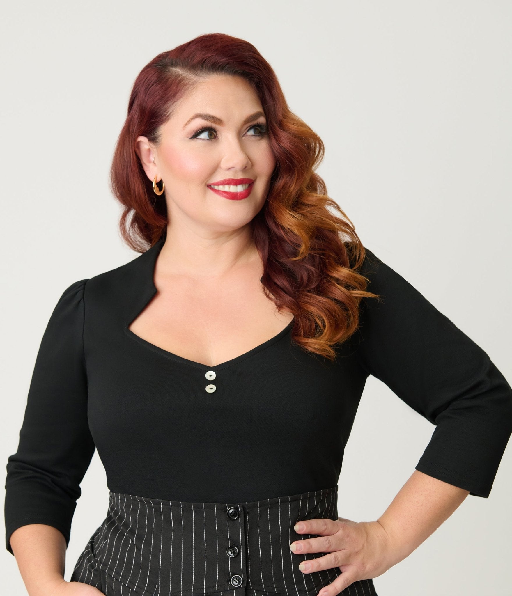 Unique Vintage Plus Size Black Three Quarter Length Sleeve Pentagon Collar Top - Unique Vintage - Womens, TOPS, KNIT TOPS