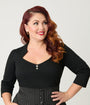 Unique Vintage Plus Size Black Three Quarter Length Sleeve Pentagon Collar Top