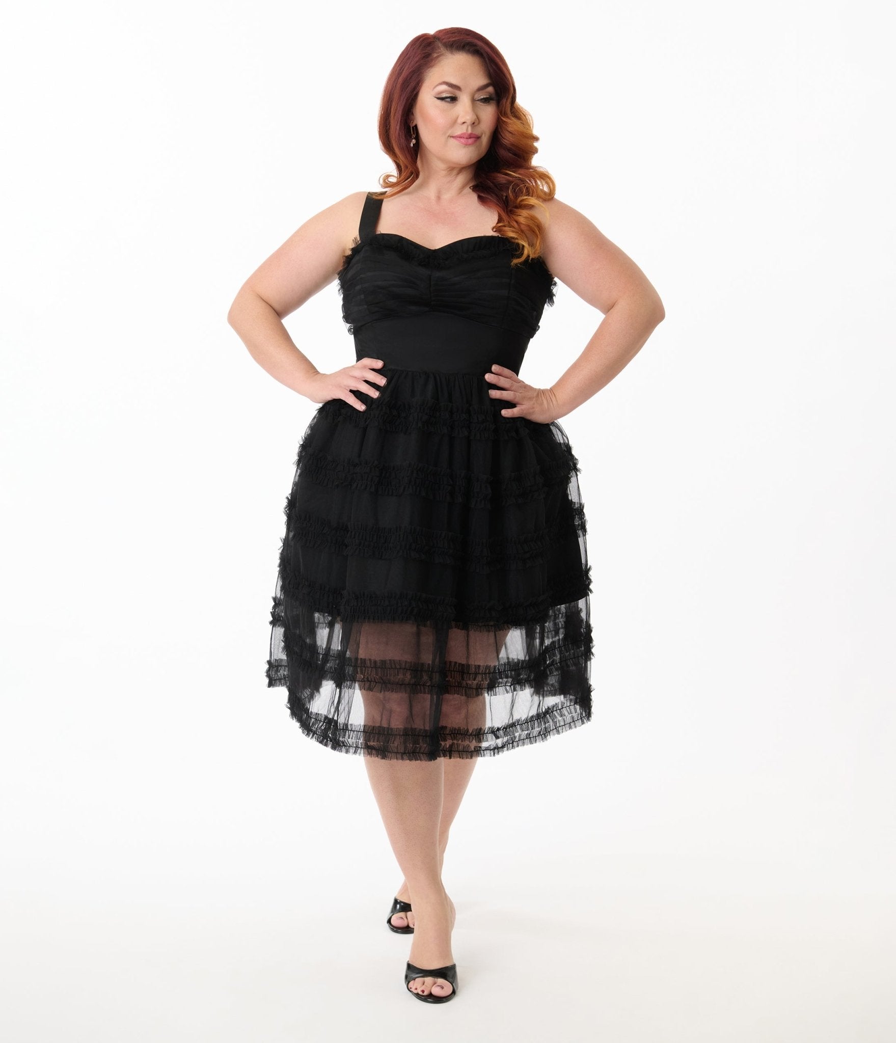 Unique Vintage Plus Size Black Tiered Sheer Midi Dress - Unique Vintage - Womens, DRESSES, PROM AND SPECIAL OCCASION