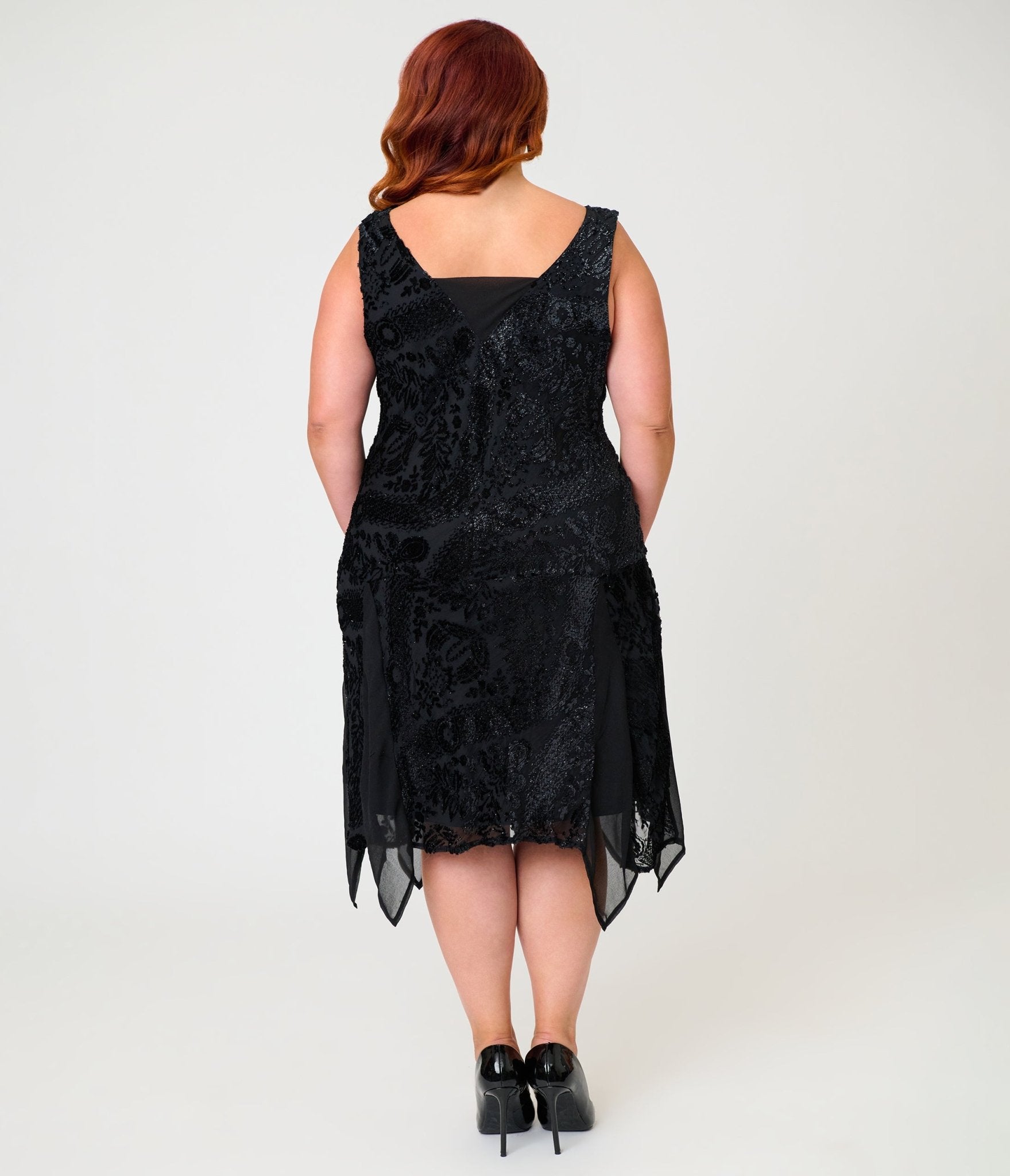 Unique Vintage Plus Size Black Velvet Burnout Hemingway Flapper Dress - Unique Vintage - Womens, FLAPPER, SLEEVELESS NON BEADED