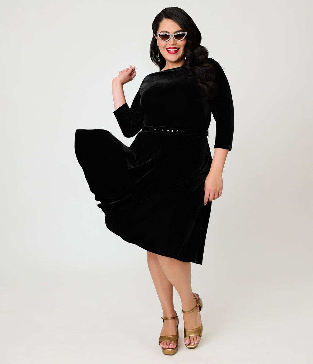 Unique Vintage Plus Size Black Velvet Devon Swing Dress - Unique Vintage - Swing Dresses