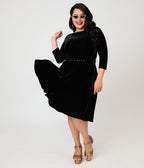 Unique Vintage Plus Size Black Velvet Devon Swing Dress - Unique Vintage - Swing Dresses