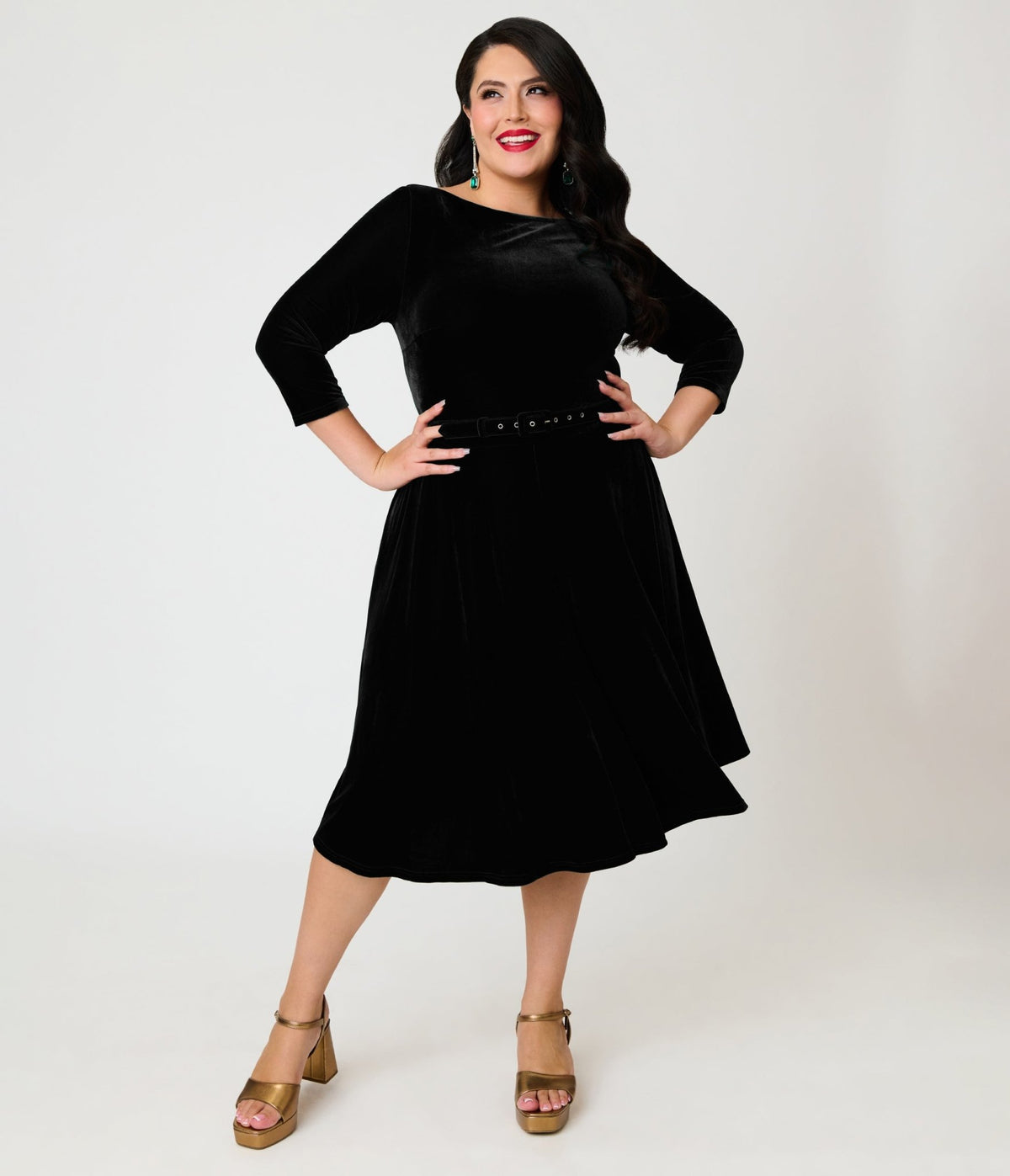 Unique Vintage Plus Size Black Velvet Devon Swing Dress - Unique Vintage - Swing Dresses