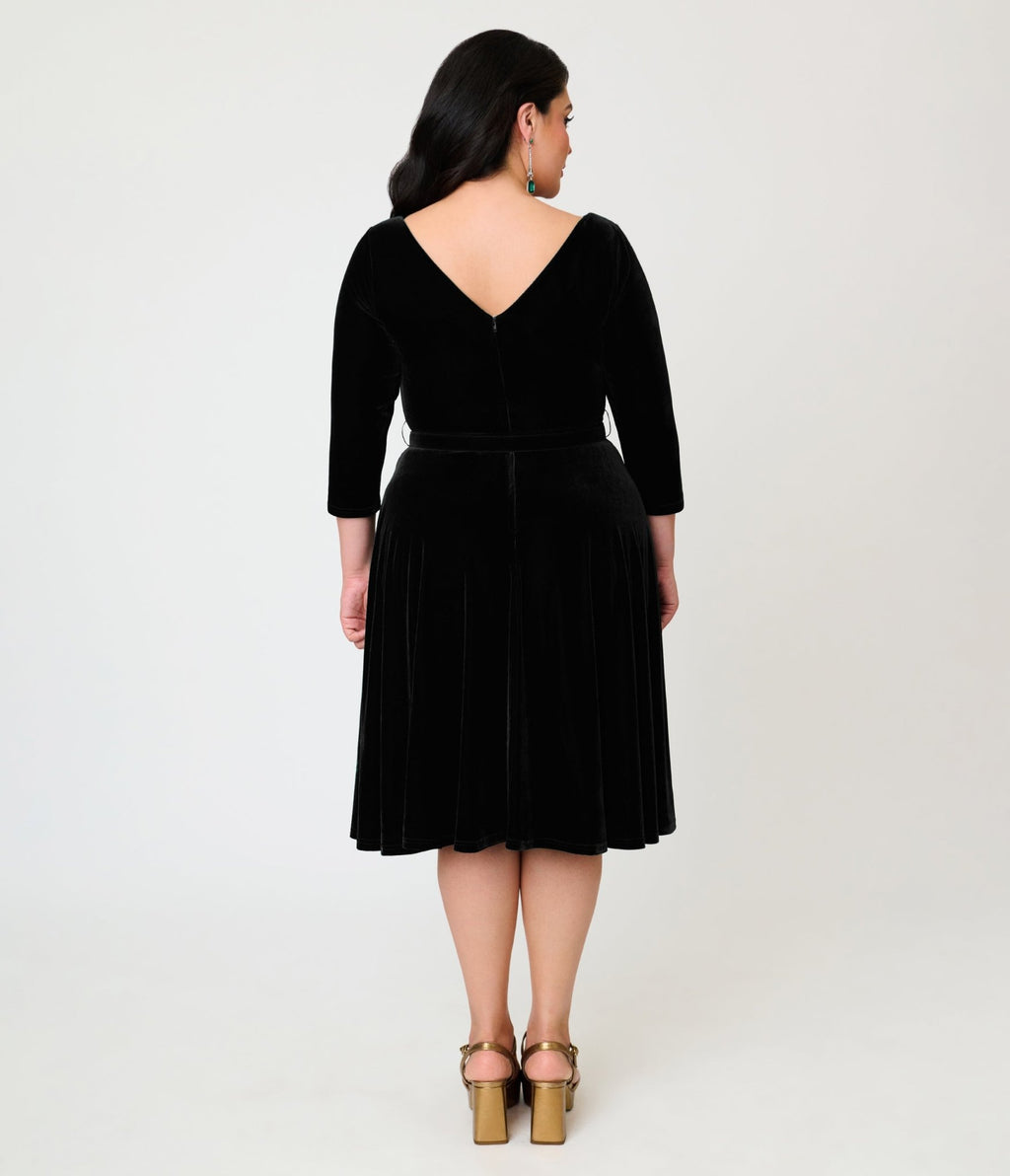 Unique Vintage Plus Size Black Velvet Devon Swing Dress - Unique Vintage - Swing Dresses