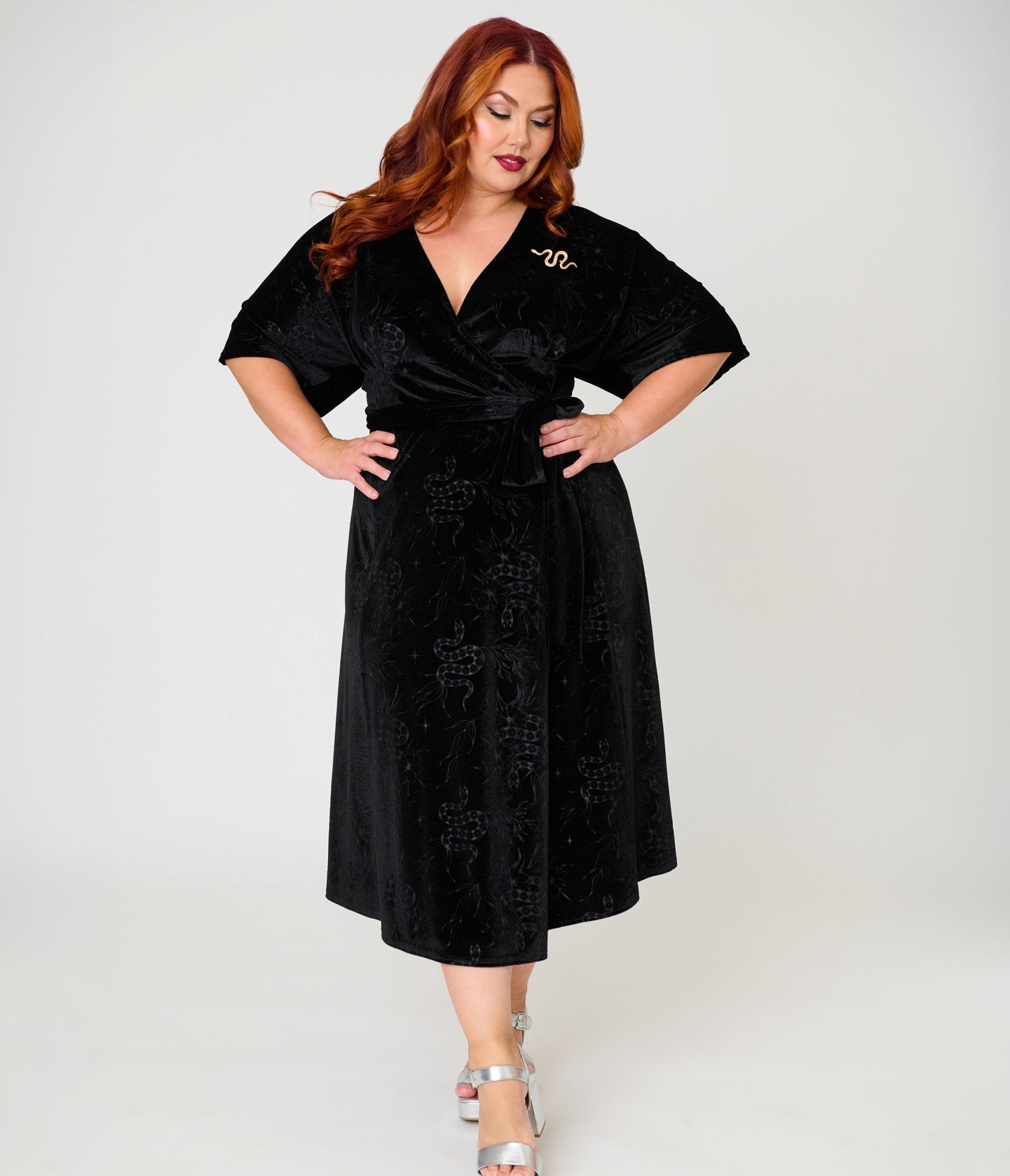 Unique Vintage Plus Size Black Velvet Embossed Wrap Midi Dress