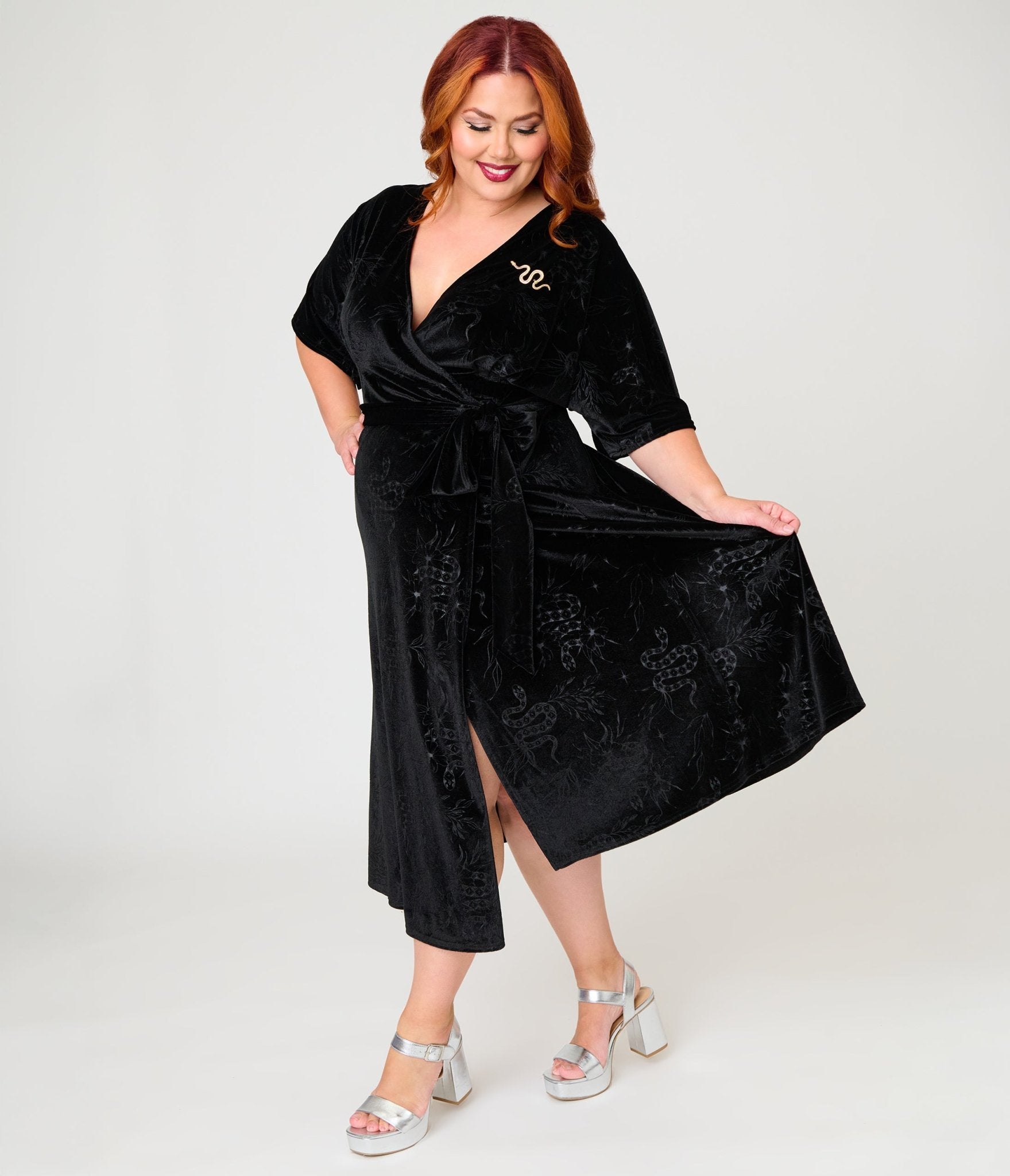 Unique Vintage Plus Size Black Velvet Embossed Wrap Midi Dress