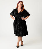 Unique Vintage Plus Size Black Velvet Flutter Sleeve Lenora Swing Dress - Unique Vintage - Womens, DRESSES, SWING