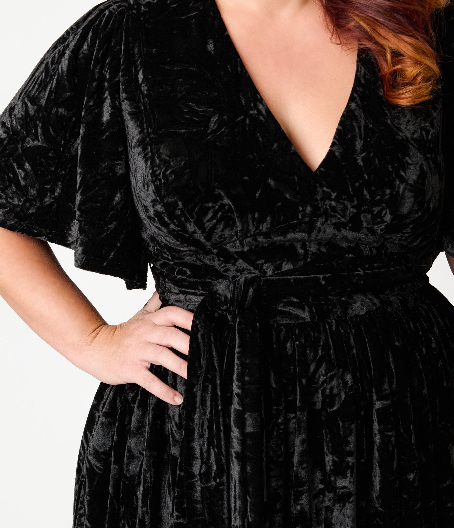 Unique Vintage Plus Size Black Velvet Flutter Sleeve Lenora Swing Dress - Unique Vintage - Womens, DRESSES, SWING