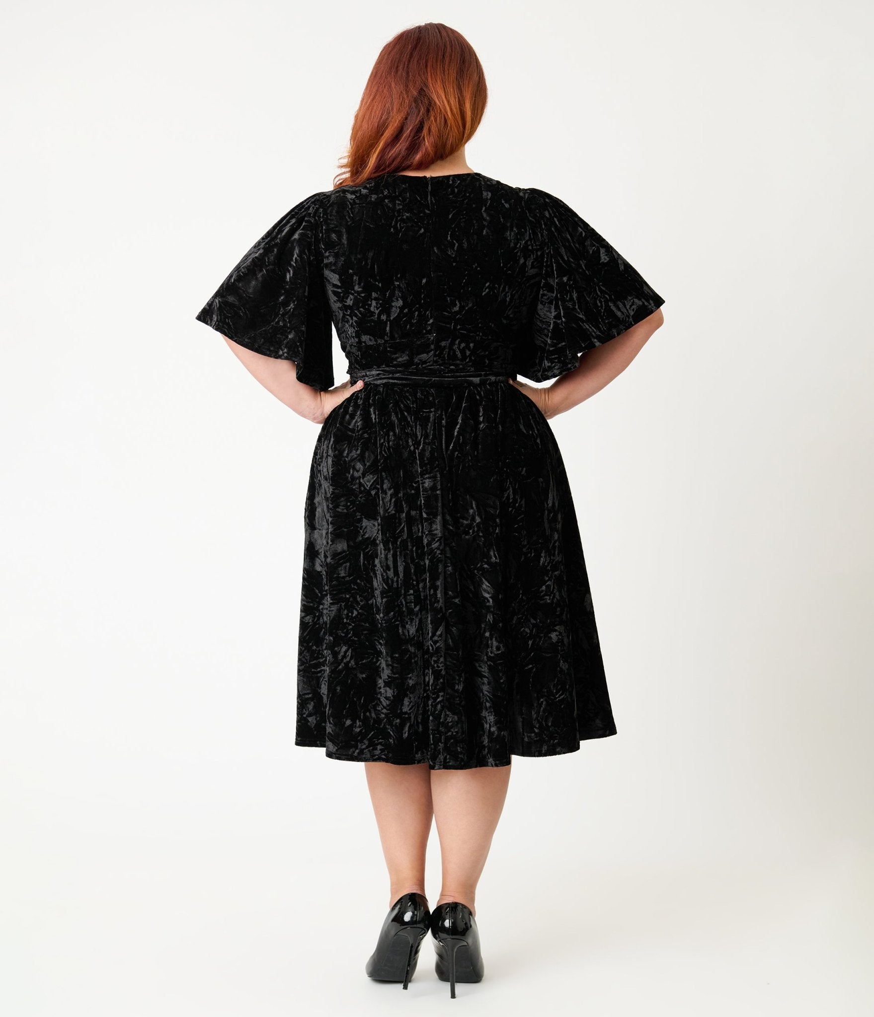 black velvet dress plus size Unique Vintage Plus Size Black Velvet Sweetheart Puff Sleeve Swing Dre