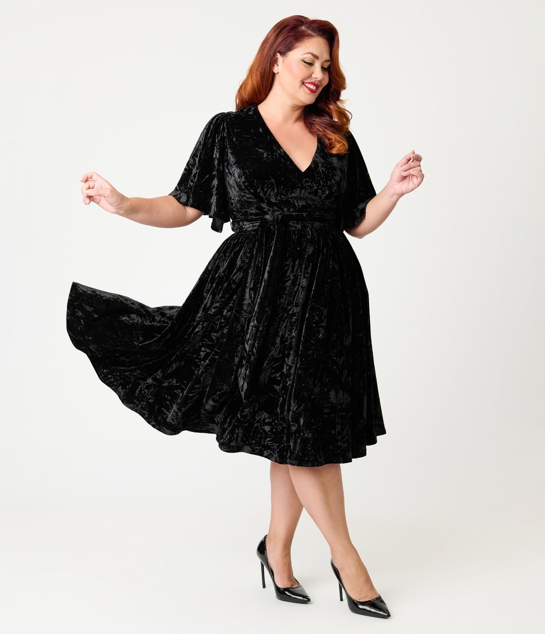 Unique Vintage Plus Size 1940s Velvet Flutter Sleeve Swing Dress - Black Embossed Unique Vintage Plus Size 1940s Velvet Flutter Sleeve Swing Dress - Black Embossed