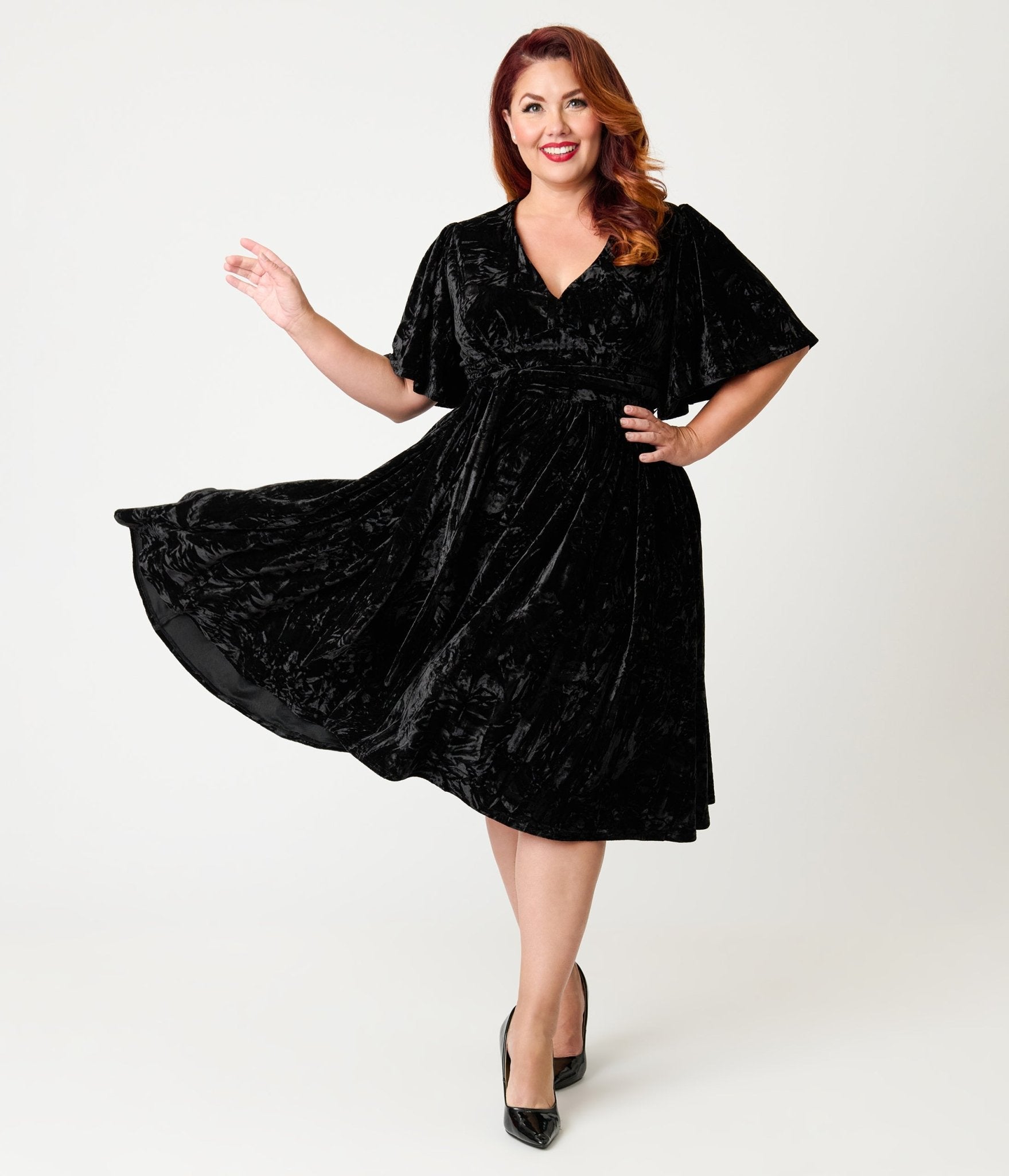 Unique Vintage Plus Size Black Velvet Flutter Sleeve Lenora Swing Dress - Unique Vintage - Womens, DRESSES, SWING
