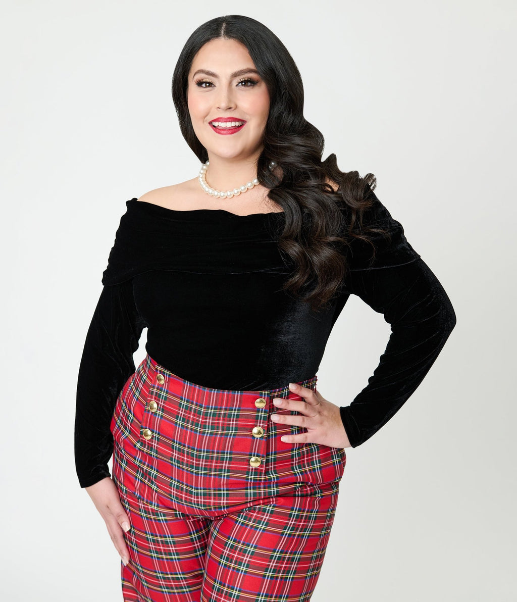 Unique Vintage Plus Size Black Velvet Folded Shoulder Knit Top - Unique Vintage - Womens, TOPS, KNIT TOPS