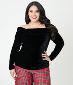Unique Vintage Plus Size Black Velvet Folded Shoulder Knit Top - Unique Vintage - Womens, TOPS, KNIT TOPS