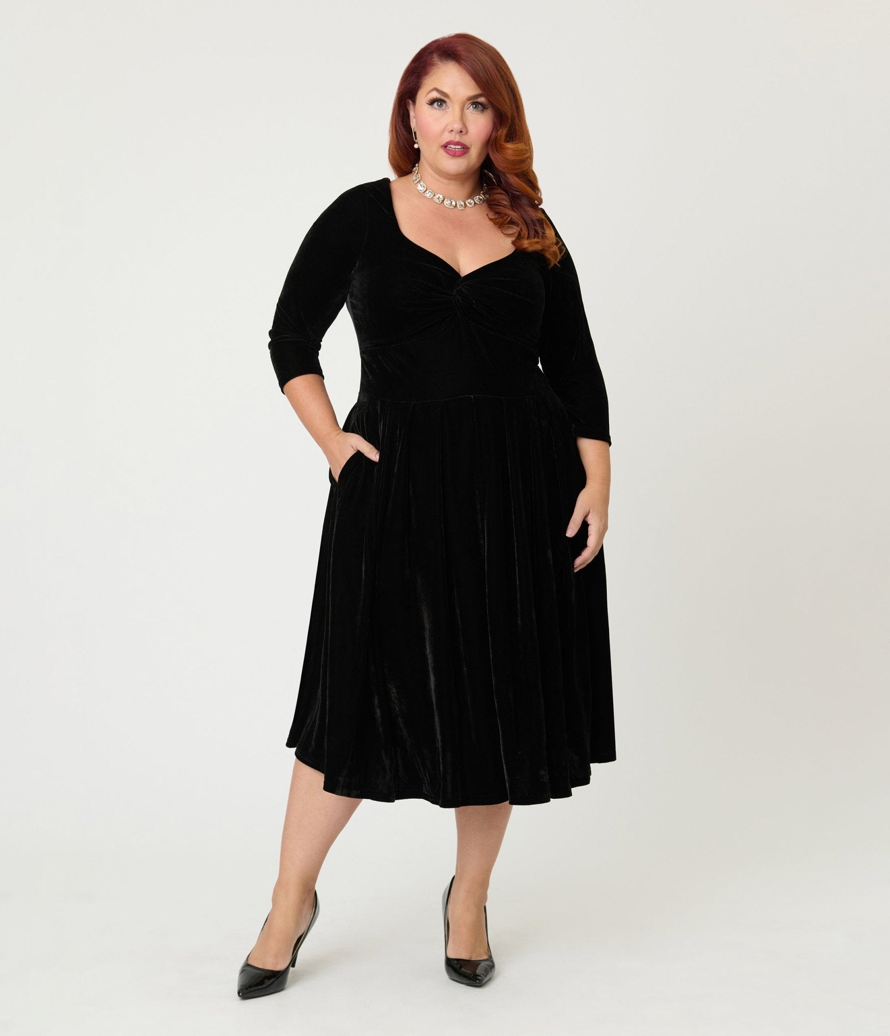 Unique Vintage Plus Size Black Velvet Front Twist Swing Dress - Unique Vintage - Womens, DRESSES, SWING