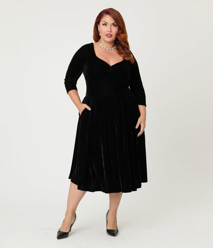 Unique Vintage Plus Size Black Velvet Front Twist Swing Dress - Unique Vintage - Womens, DRESSES, SWING