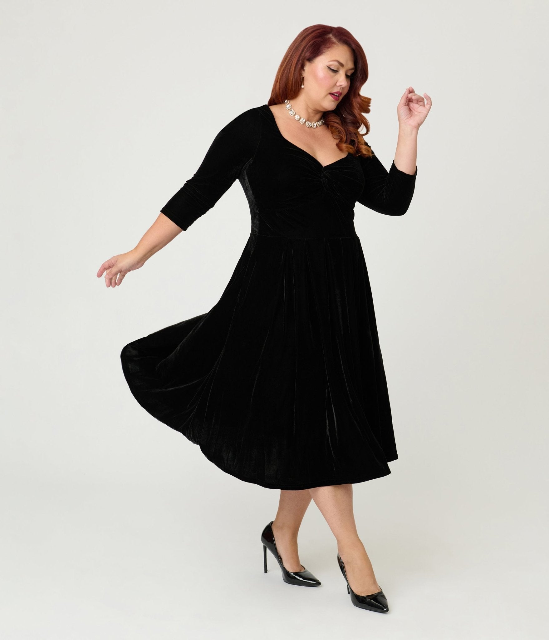 Unique Vintage Plus Size Black Velvet Front Twist Swing Dress - Unique Vintage - Womens, DRESSES, SWING