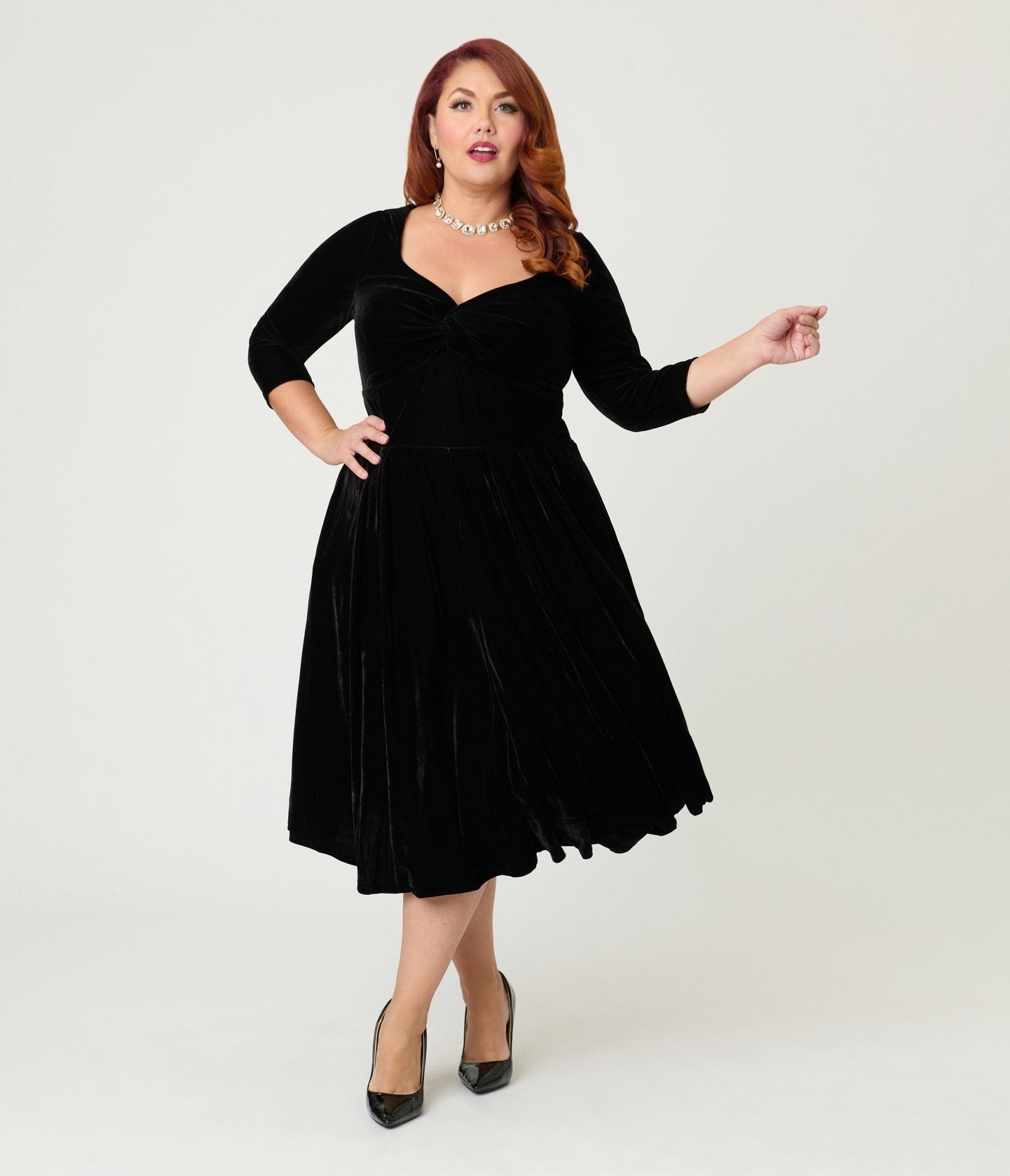 Unique Vintage Plus Size Black Velvet Front Twist Swing Dress - Unique Vintage - Womens, DRESSES, SWING