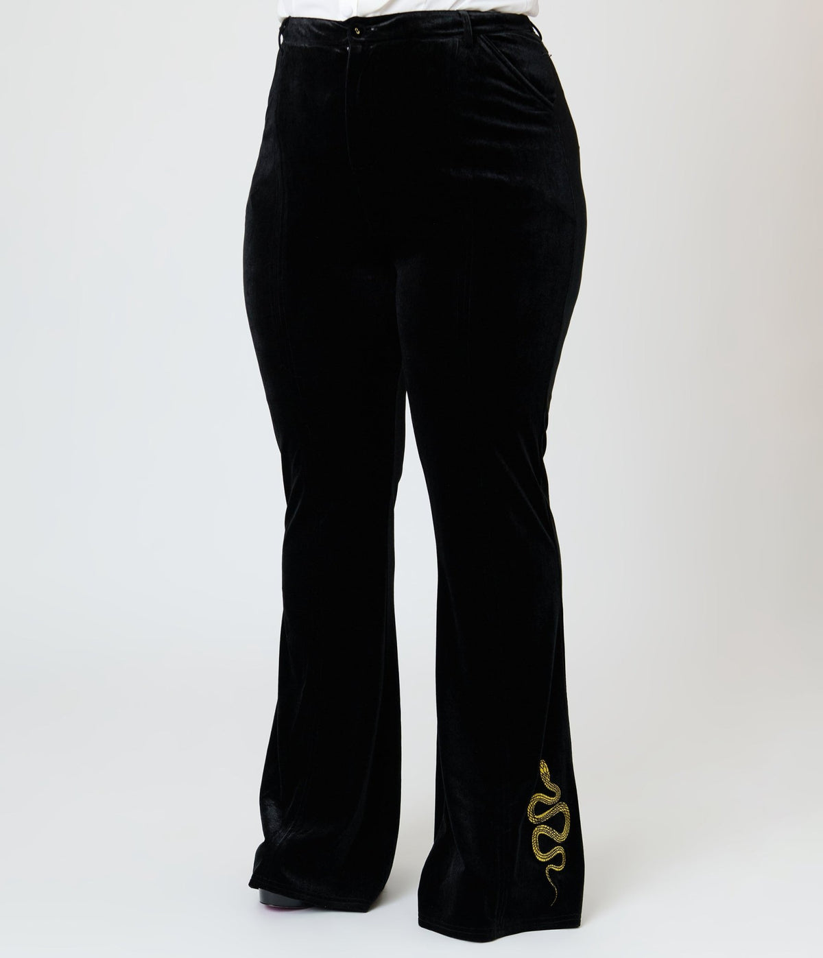 Unique Vintage Plus Size Black Velvet Gold Snake Embroidered Flare Pants - Unique Vintage -