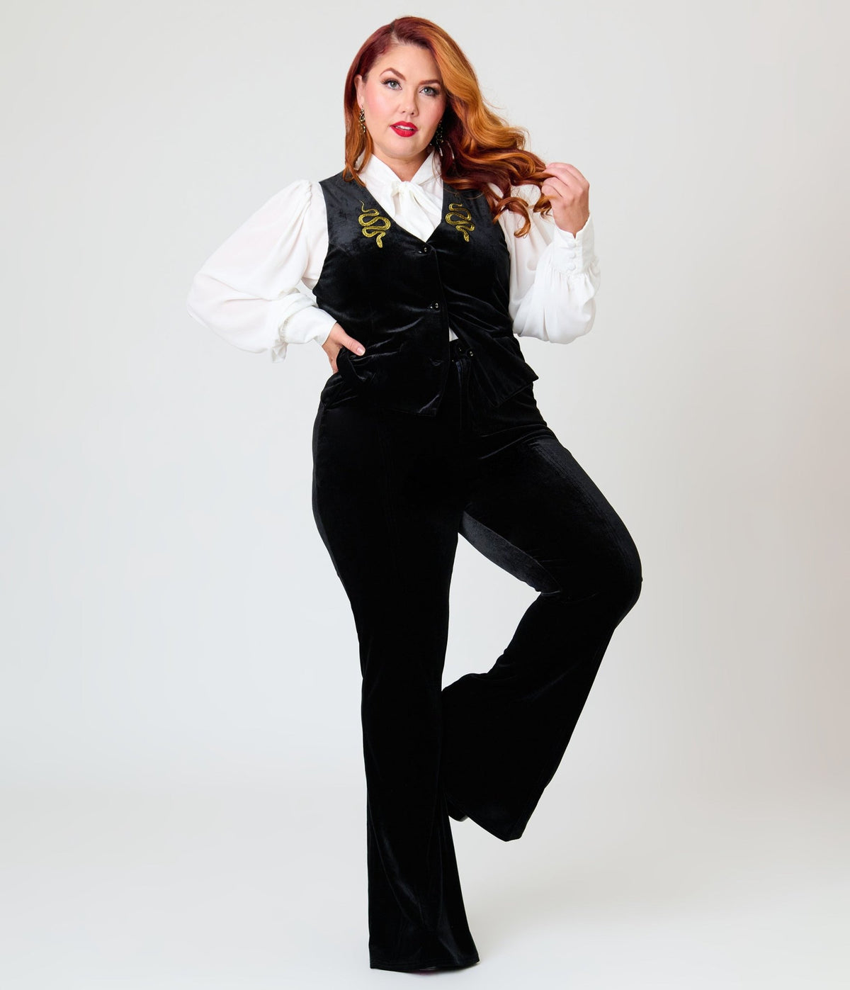 Unique Vintage Plus Size Black Velvet Gold Snake Embroidered Flare Pants - Unique Vintage -