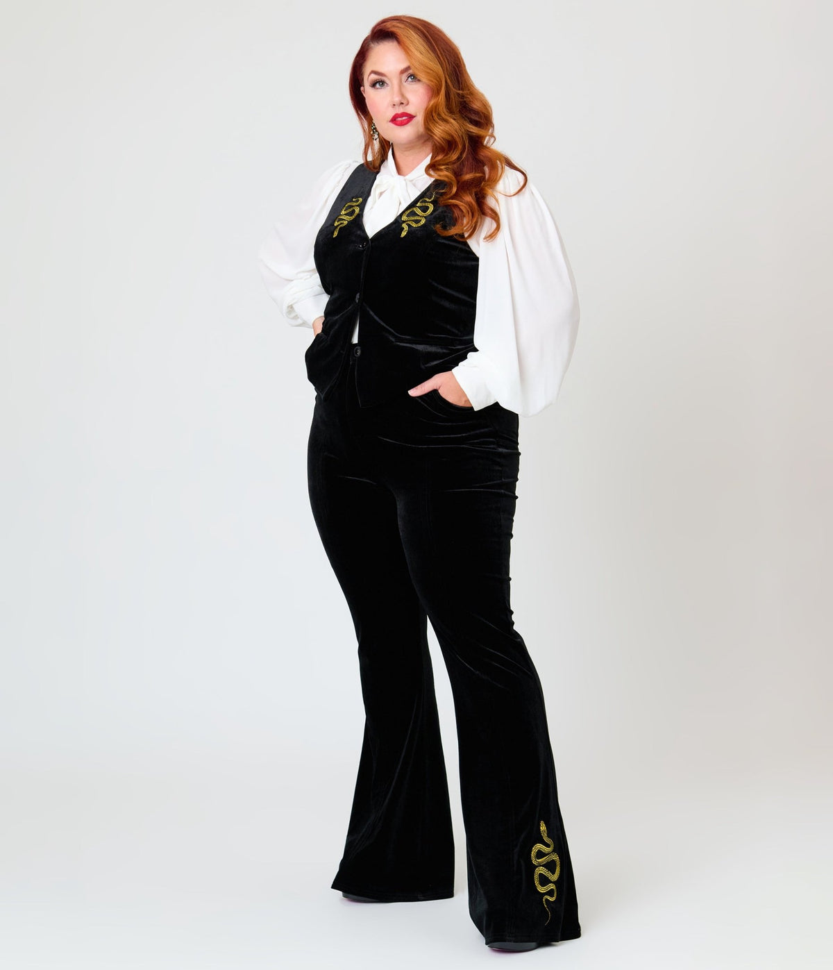 Unique Vintage Plus Size Black Velvet Gold Snake Embroidered Flare Pants - Unique Vintage -