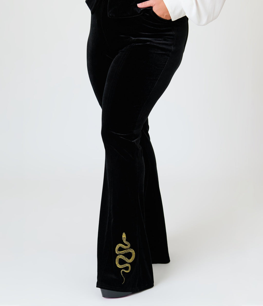 Unique Vintage Plus Size Black Velvet Gold Snake Embroidered Flare Pants - Unique Vintage -