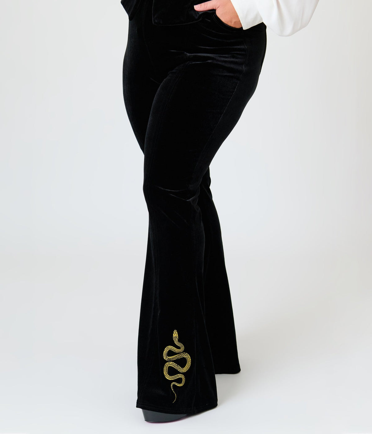Unique Vintage Plus Size Black Velvet Gold Snake Embroidered Flare Pants - Unique Vintage -