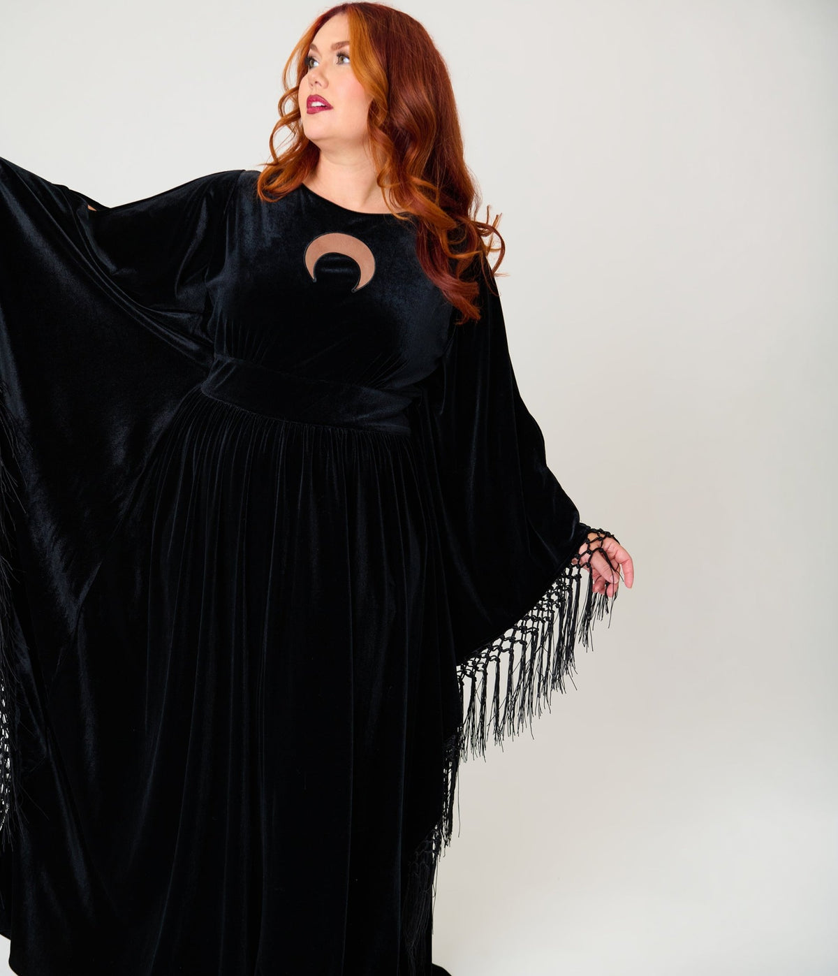 caftan plus size dress Unique Vintage Black Velvet Moon Cutout Fringe Sleeve Dionne colour_cream Women size:XL or everyday use Coffee Front Slit V