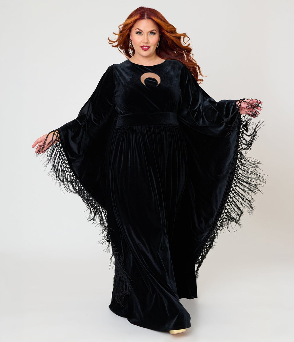 Unique Vintage Plus Size Black Velvet Moon Cutout Fringe Sleeve Dionne Caftan - Unique Vintage - Womens, DRESSES, CAFTAN