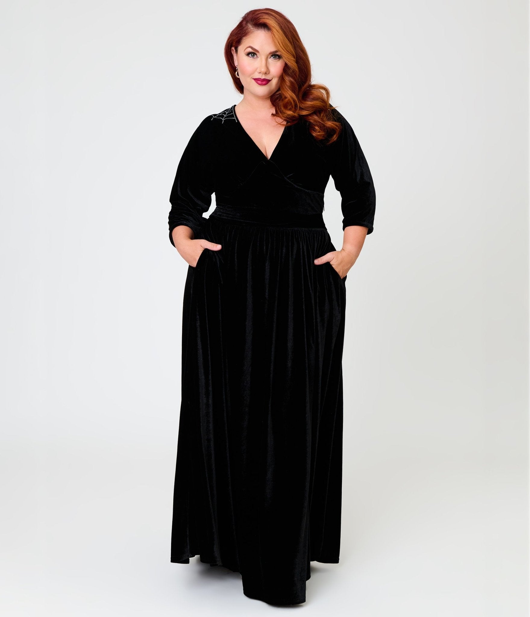 Unique Vintage Plus Size Black Velvet & Rhinestone Batwing Norma Maxi Dress